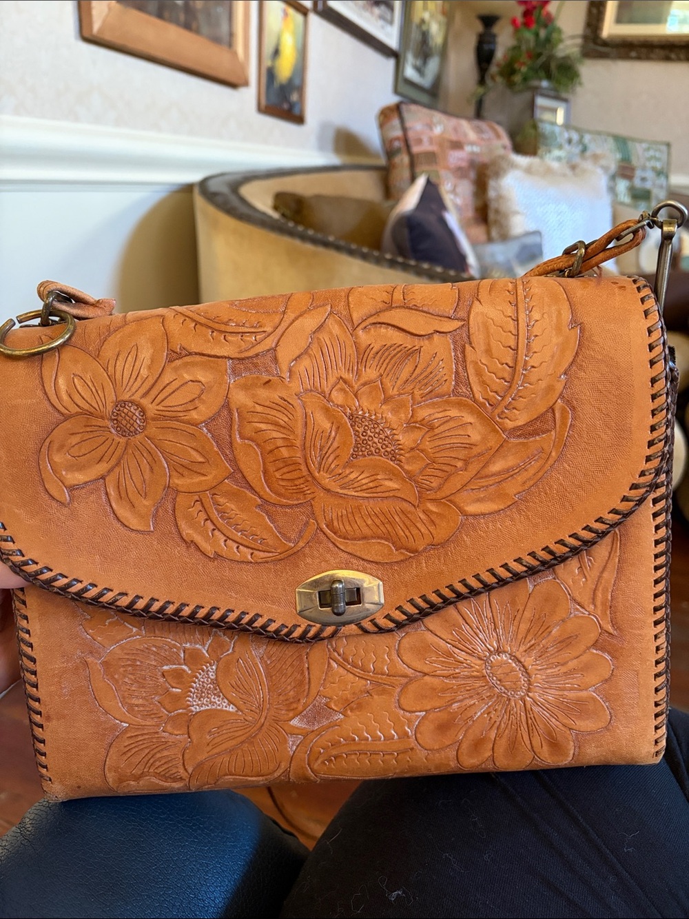 Vintage Hand-Tooled Floral Leather Crossbody Bag in Tan